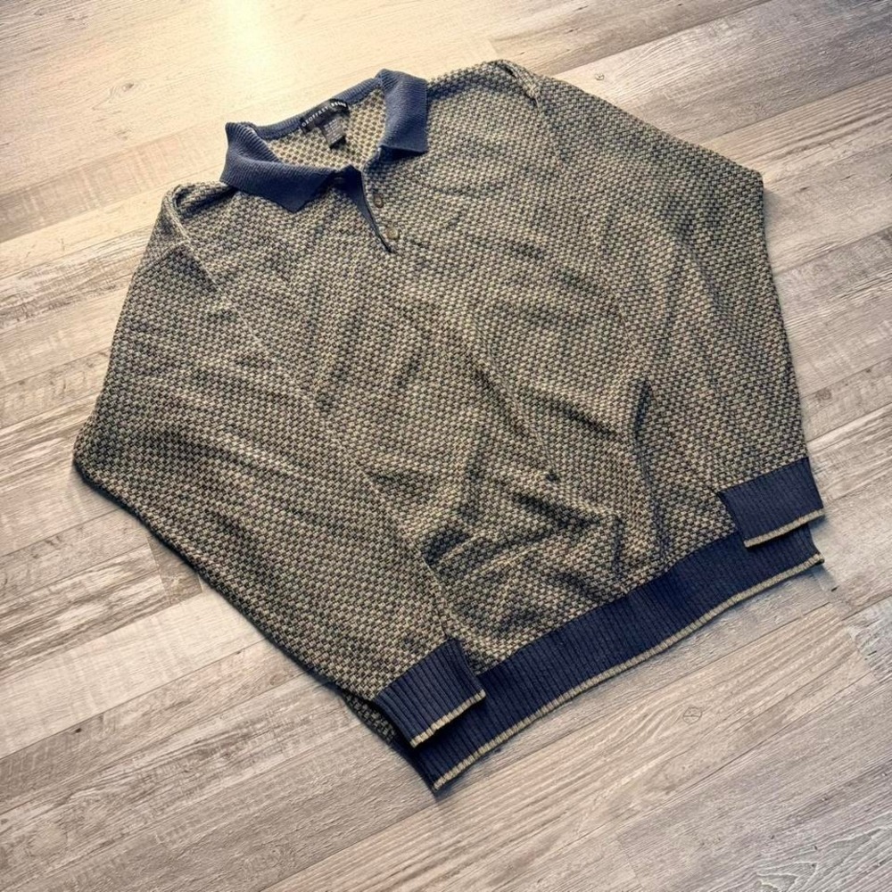 🧶 Geoffrey Beene Vintage Knit Polo Sweater Navy Tan Textured XL made in Italy